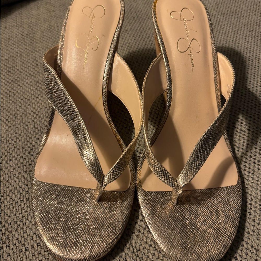 Gold Jessica Simpson wedge heel sandals (size 10)